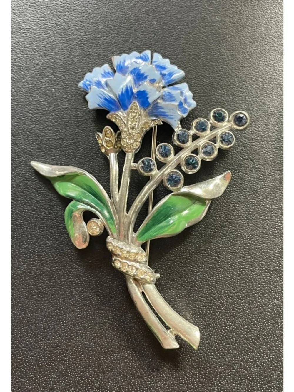 Vintage 1940s Rhodium Plated Blue Carnation Enamel Bouquet Rhinestone Brooch